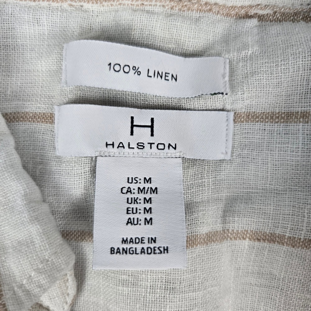 H Halston Womens Medium Linen Button Shirt Roll tab Coastal Striped Long Sleeve - Picture 4 of 8